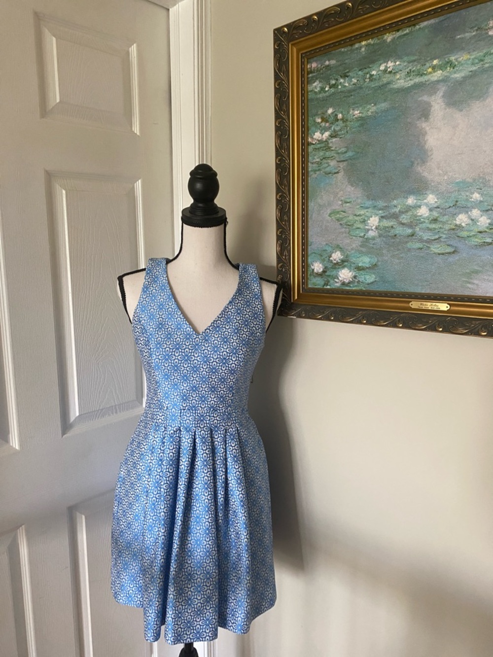 Banana Republic Blue Floral V-Neck Sleeveless Fit & Flare Dress